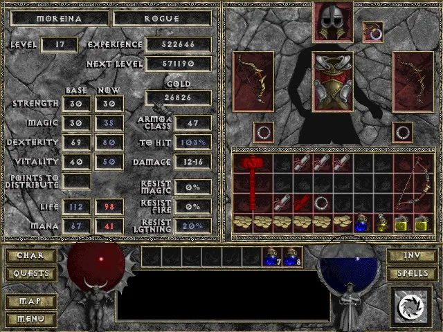 Character stats and inventory screen
